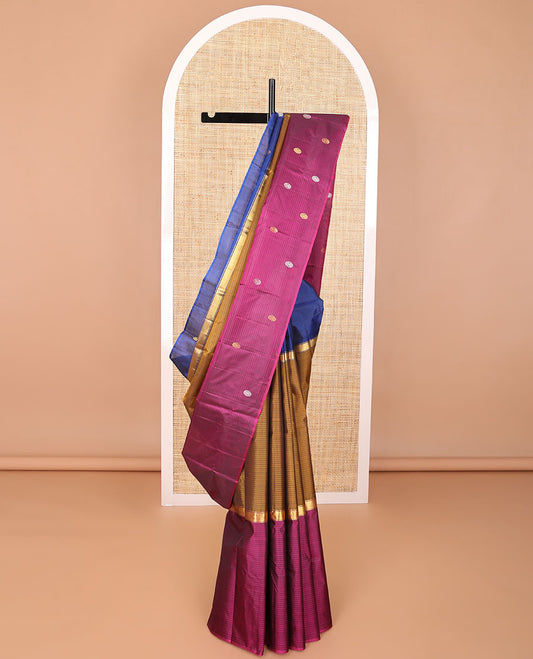Brown striped kancheepuram silk saree with contrast intricate zari design border & striped, floral design pallu