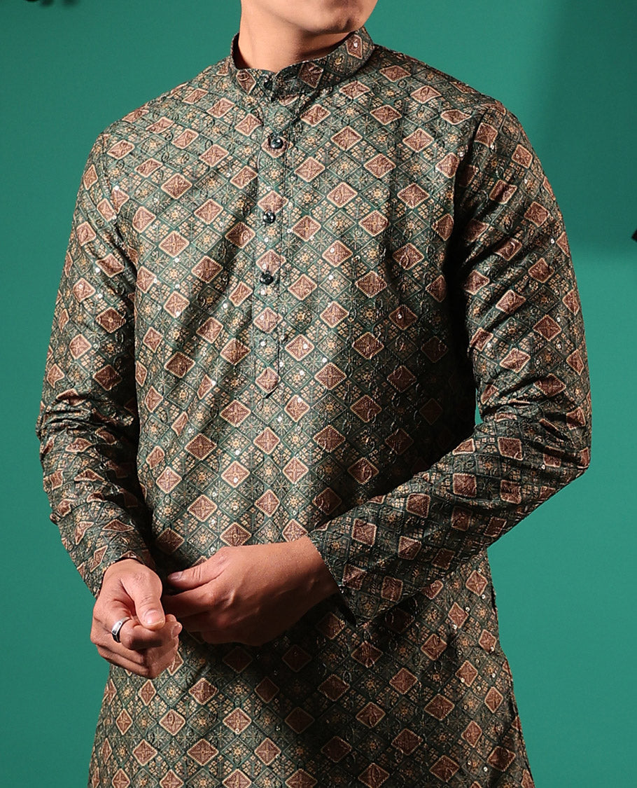 Green jaal patterns printed with sequins embroidered full-sleeved men's kurta