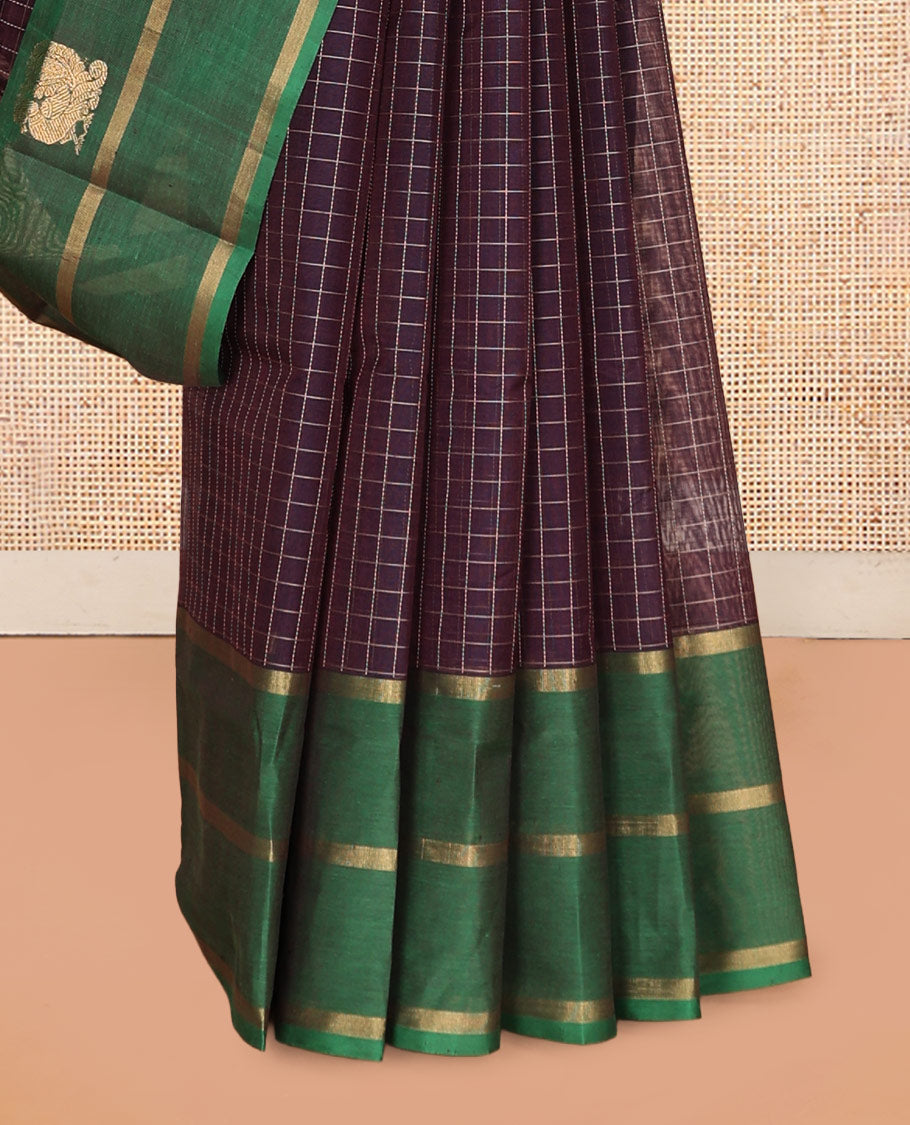 Purple Checked Kuppadam Silk Saree, a Contrast Traditional Zari Border, Grand Pallu, a Matching Blouse