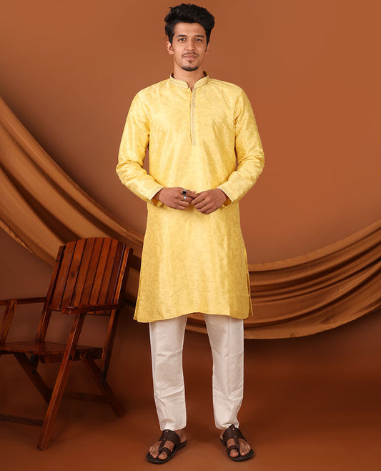 Yellow Floral Vine Sparsely Woven Full-Sleeved Men's Kurta Set