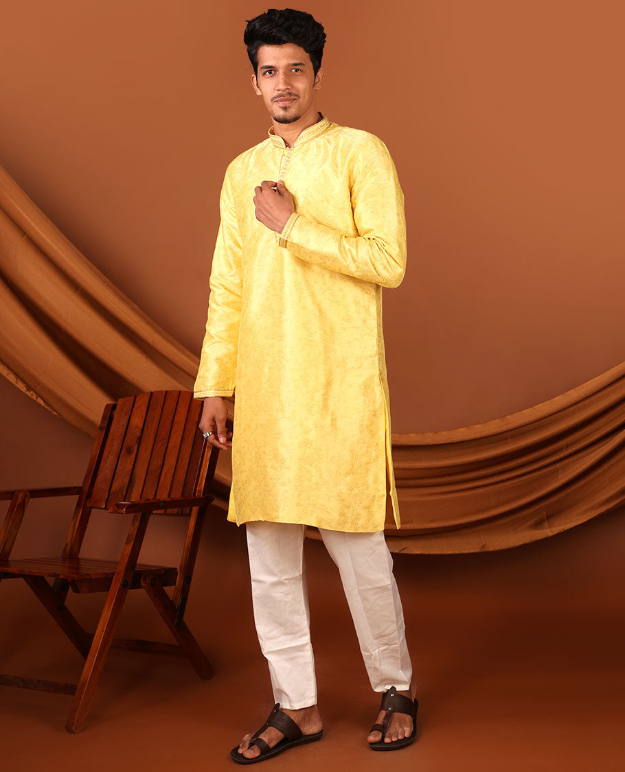 Yellow Floral Vine Sparsely Woven Full-Sleeved Men's Kurta Set