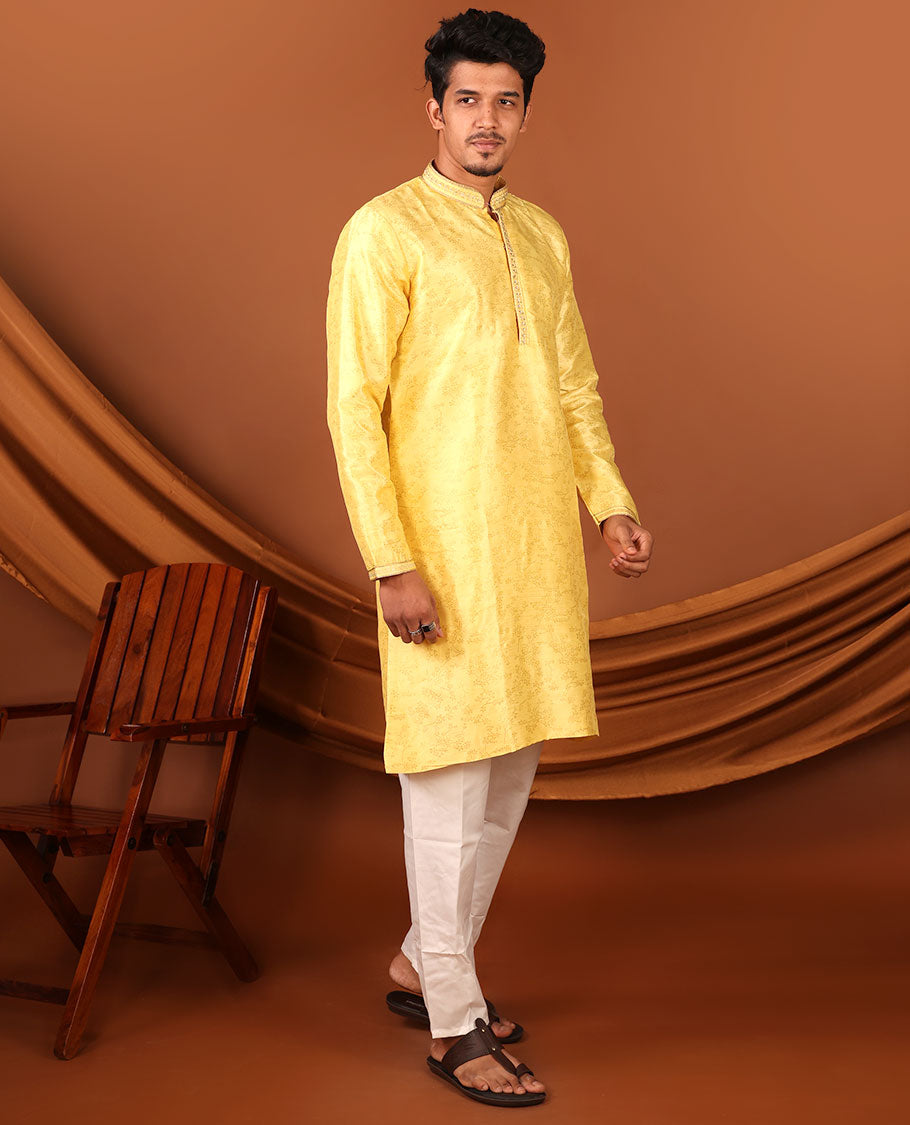 Yellow Floral Vine Sparsely Woven Full-Sleeved Men's Kurta Set