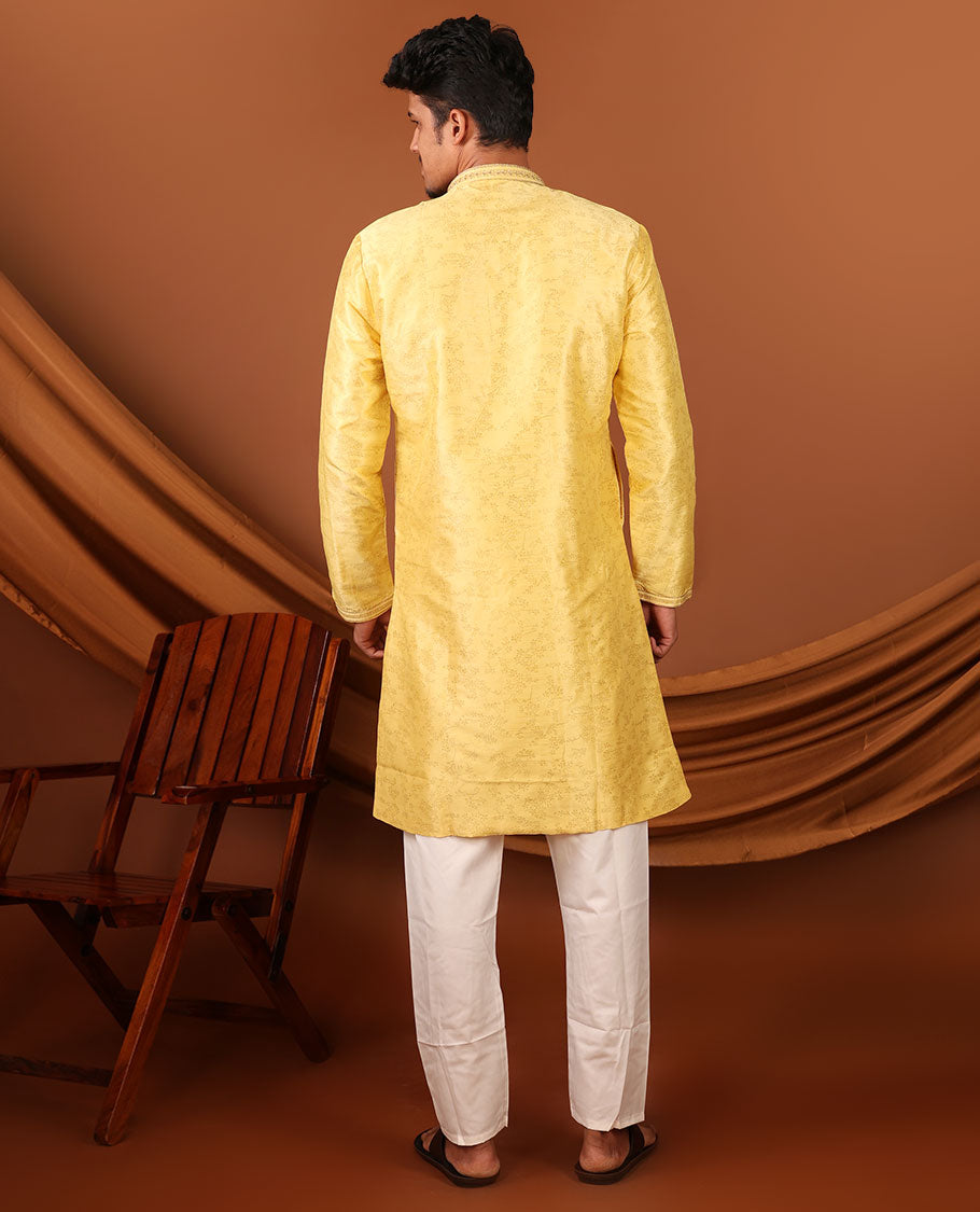 Yellow Floral Vine Sparsely Woven Full-Sleeved Men's Kurta Set