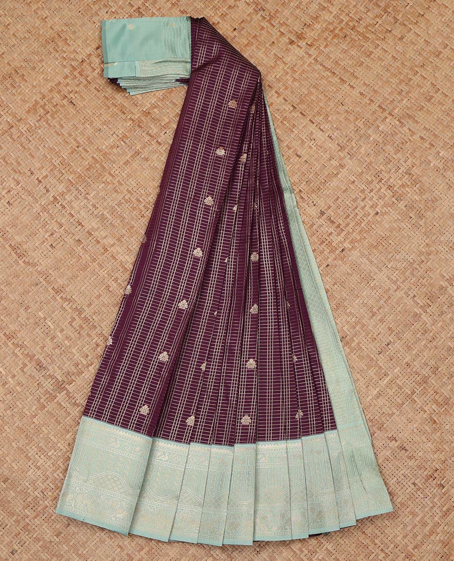 Wine Litchi Saree, Woven with Zari Buttas and Checks, a Contrast Traditional Zari Border, Grand Pallu, and a Contrast Blouse