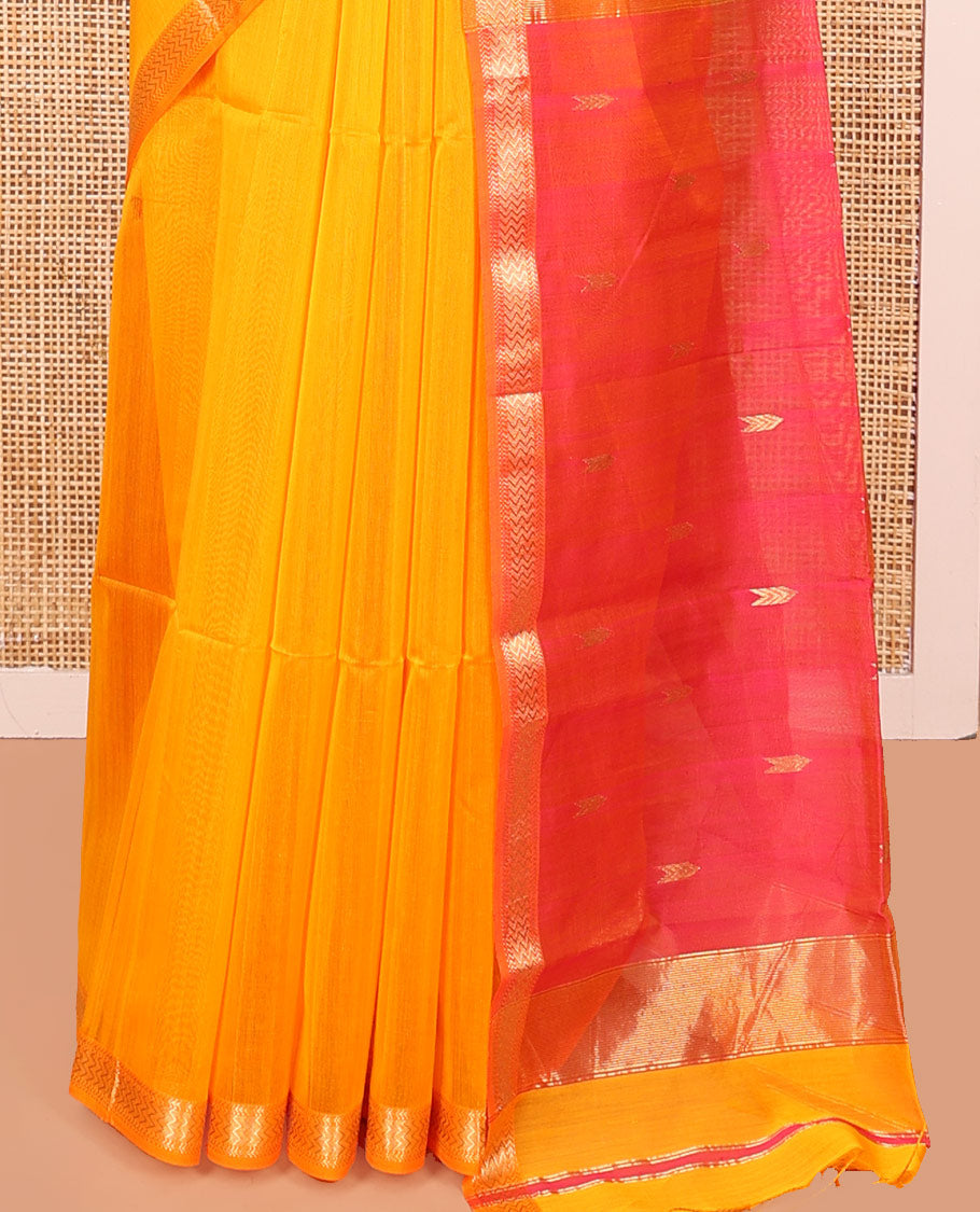 Yellow Maheshwari Cotton Saree, Subtly Sparkled with Buttas All Over Its Body, Subtly Sparkled Traditional Zari Border, Contrast Zari Buttas Woven Pallu, and Paired with a Contrast Blouse