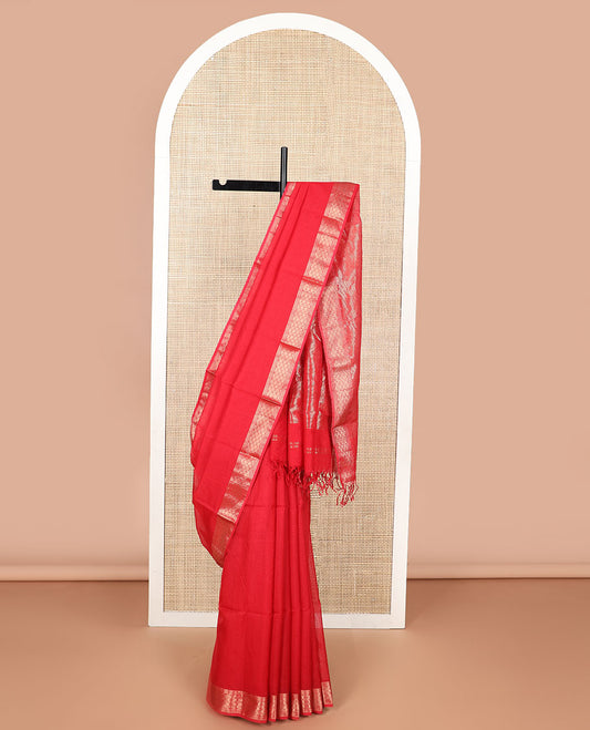 Red checked maheshwari cotton saree with self intricate zari design border & striped pallu