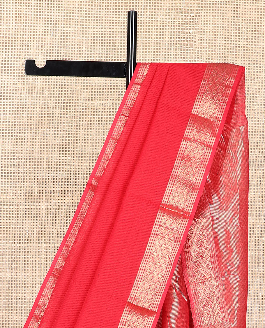 Red checked maheshwari cotton saree with self intricate zari design border & striped pallu