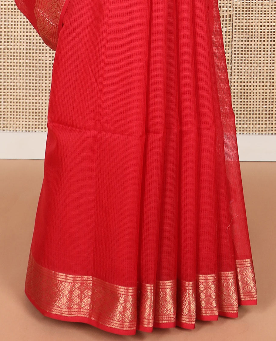 Red checked maheshwari cotton saree with self intricate zari design border & striped pallu