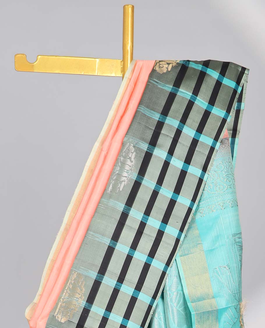 Pink floral buttas soft silk saree with contrast checked border & floral zari design