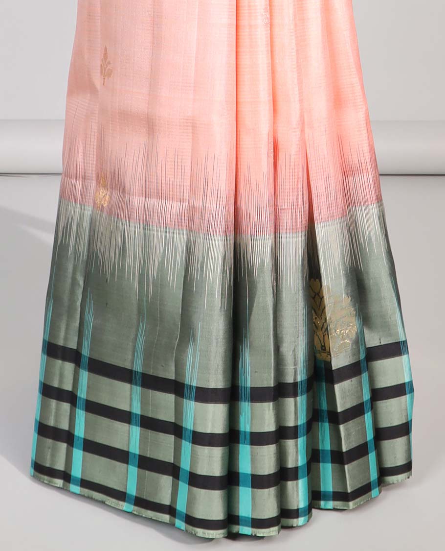Pink floral buttas soft silk saree with contrast checked border & floral zari design