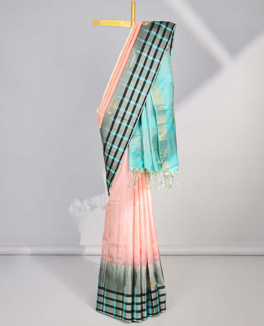 Pink floral buttas soft silk saree with contrast checked border & floral zari design
