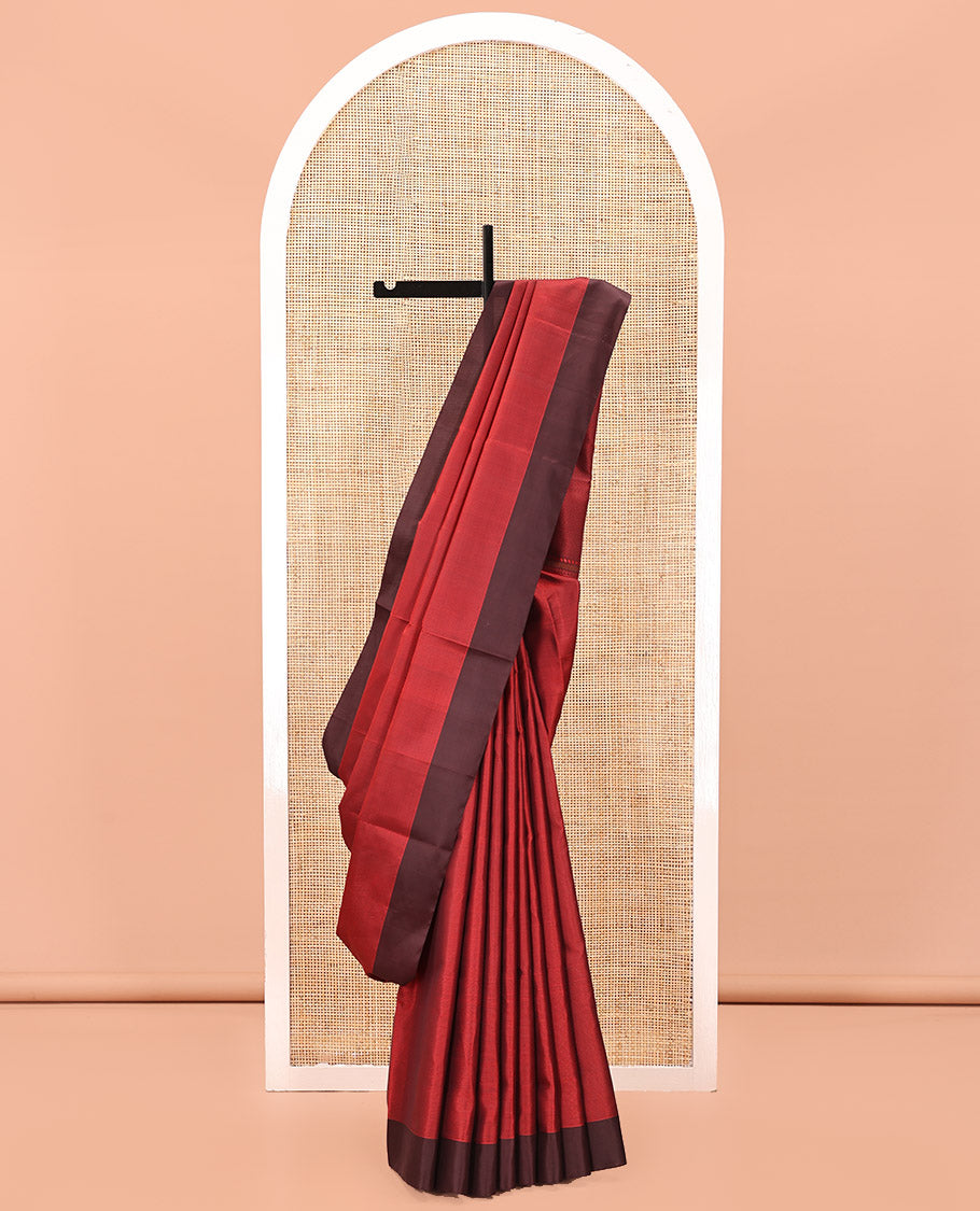 Maroon Mayuri Soft Silk Saree, Sparsely Sparked with Stripes, Complemented by Contrast Border, Pallu of Vanki Designs, and Paired with a Matching Blouse