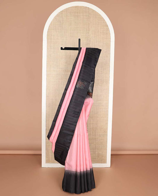Pink mayuri soft silk saree with contrast floral design border & geometric design border