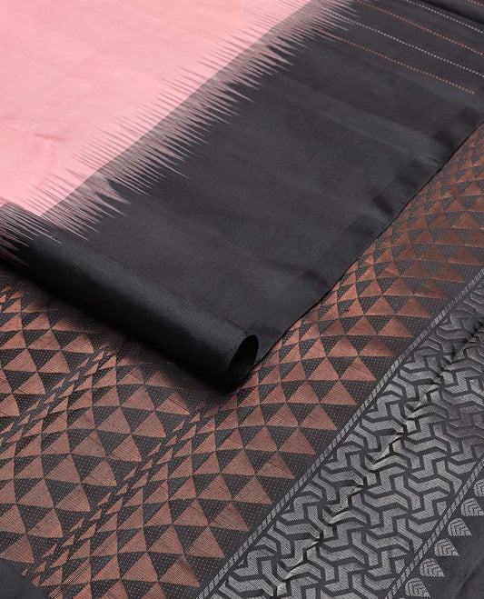 Pink mayuri soft silk saree with contrast floral design border & geometric design border
