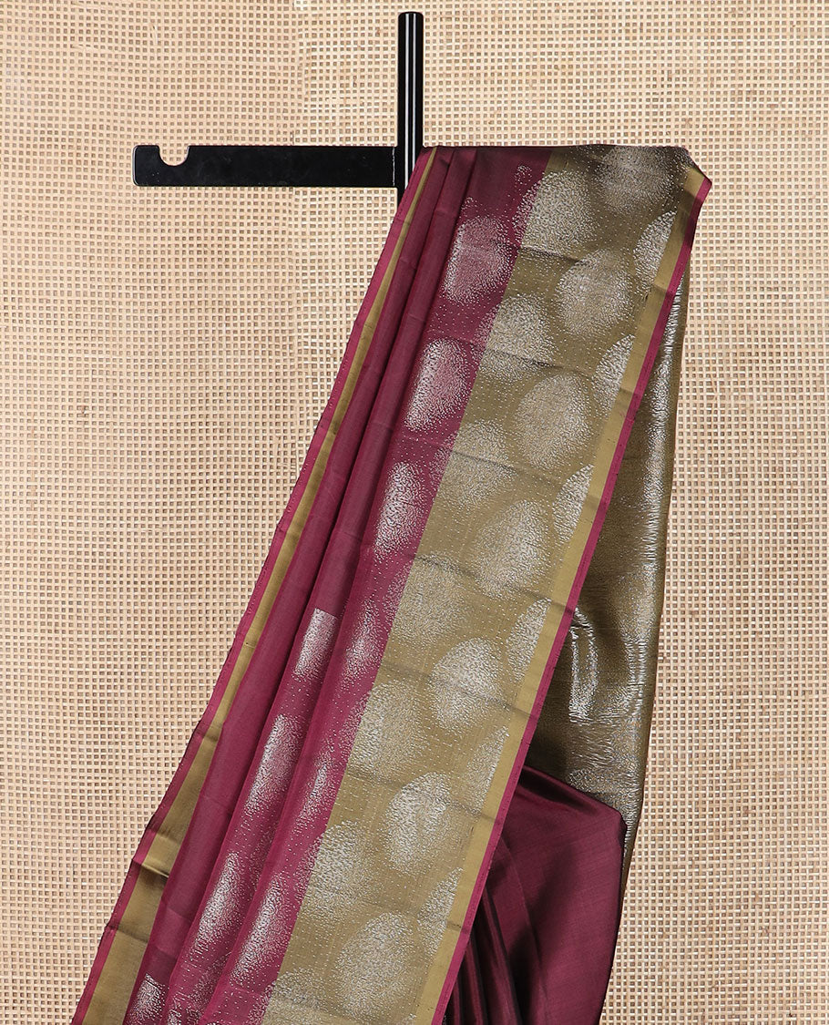 Wine color geometric patterned soft silk saree, contrast border & pallu of geometric patterns