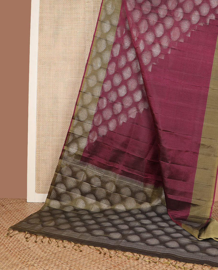 Wine color geometric patterned soft silk saree, contrast border & pallu of geometric patterns