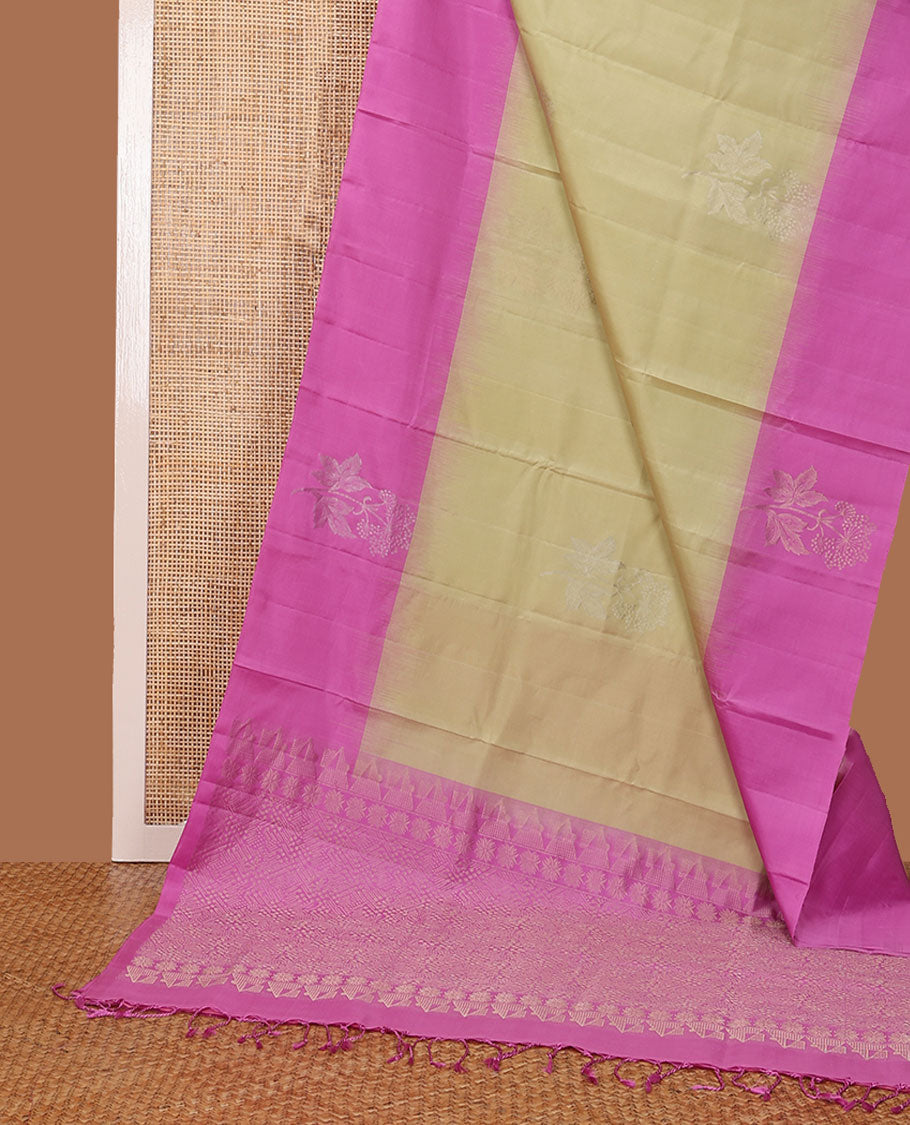 Light Sandal Mayuri Soft Silk Saree Sparsely Sparkled with Floral Zari Buttas All Over Its Body, Complemented by a Contrast Border of Floral Zari Designs, Majestically Detailed Pallu, and Paired with a Contrast Blouse