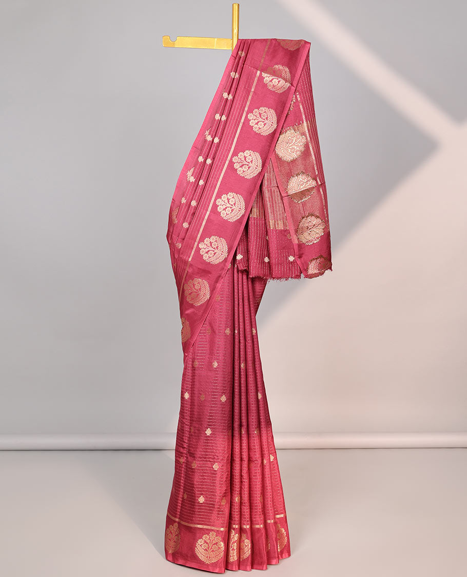 Red striped, floral mushru silk saree with self-floral motifs border & striped zari pallu