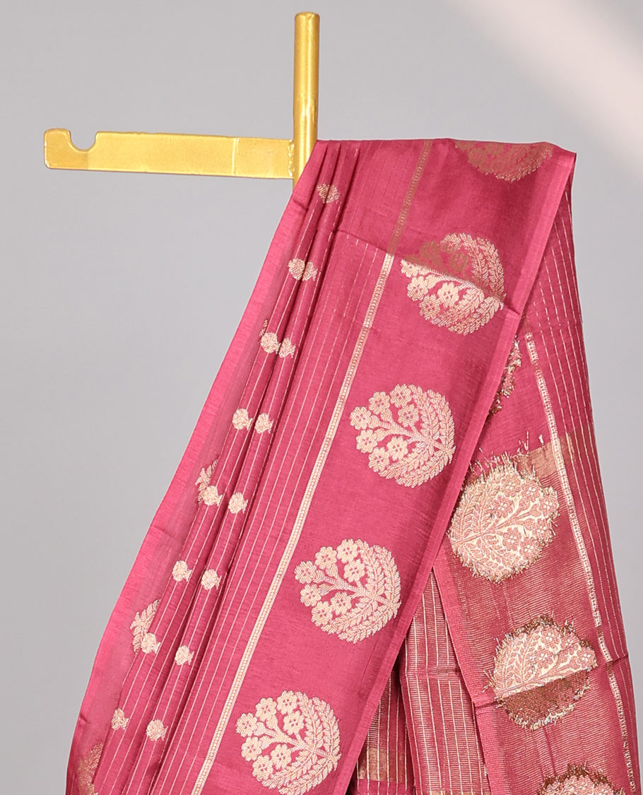 Red striped, floral mushru silk saree with self-floral motifs border & striped zari pallu
