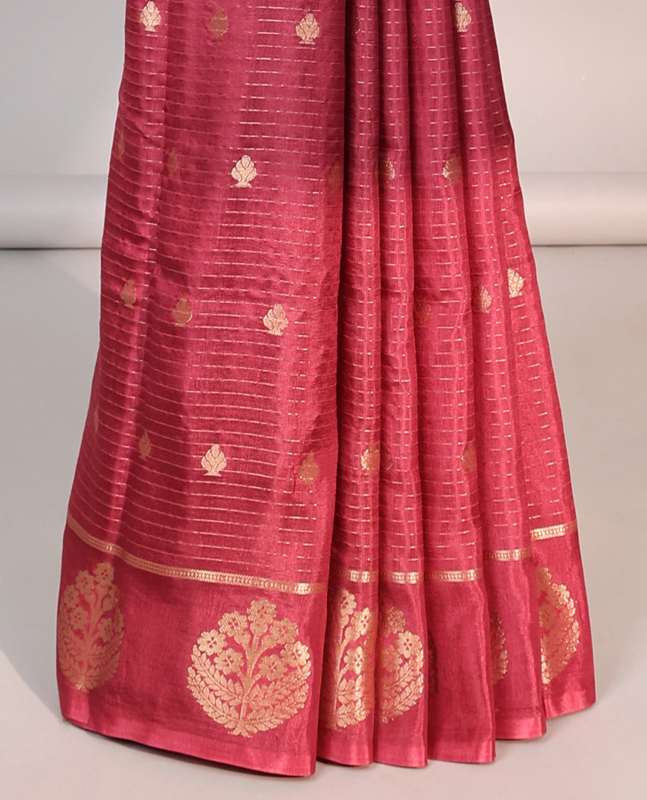 Red striped, floral mushru silk saree with self-floral motifs border & striped zari pallu