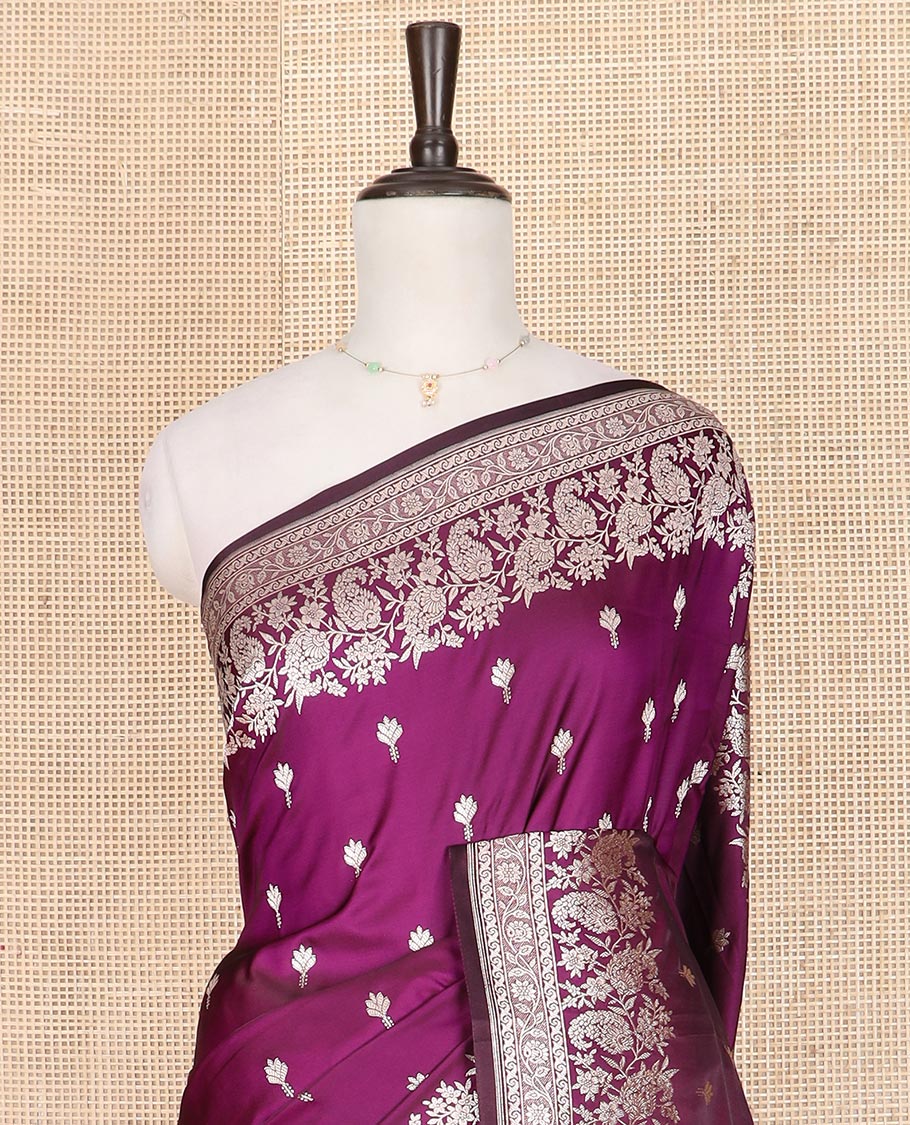Purple  buttas mushru silk saree, self-border of floral-paisley creeper designs, and paisley design pallu