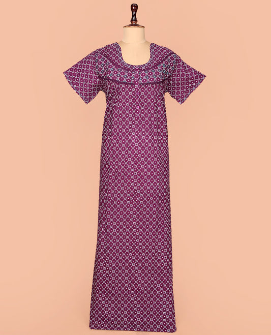 Purple Cotton Nighty Decked Up with Ogee Patterns Print, Featuring Lace Work, Round Front Neck, and Half Sleeves