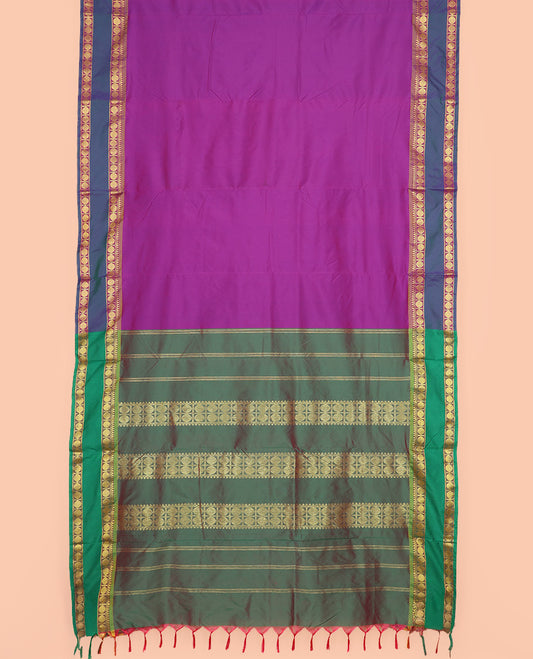 Purple Plain Ten-Yard Art Silk Saree Complemented by a Contrast Rettai Pettu Rudraksham Motifs Border, and Pallu Steeped with Rudraksham Motifs in Zari