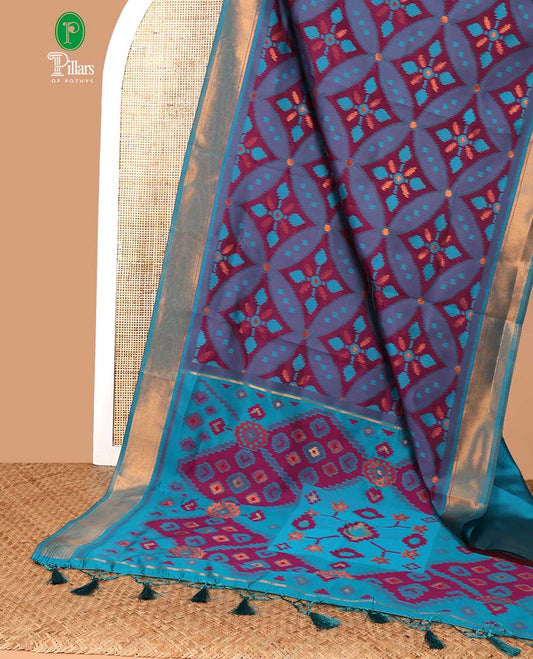 Purple with blue zari pochampalli weaving design mulberry silk saree with bawanchi, ikkat weaving border & rich pochampalli weaving pallu along with plain blouse