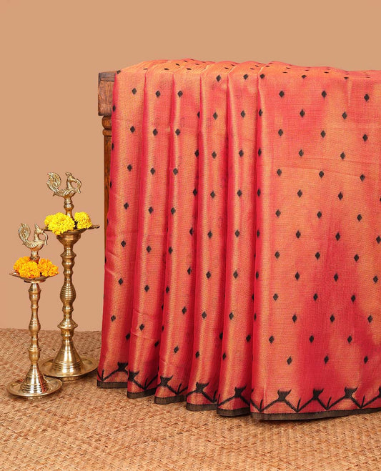 Pink small butta linen tissue saree with zig zag tample border & rich thread weaving pallu pallu along with butta design blouse