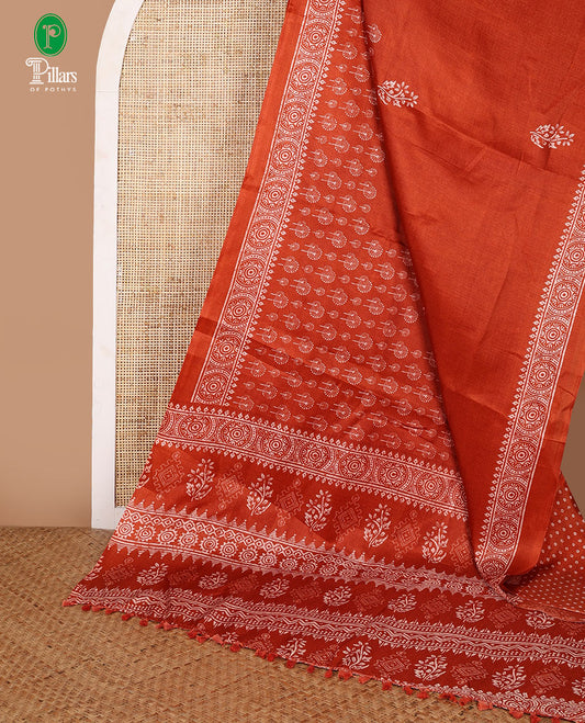 Orange pathik style butta printed khadhi silk saree with pathik printed border & printed pallu along with printed blouse