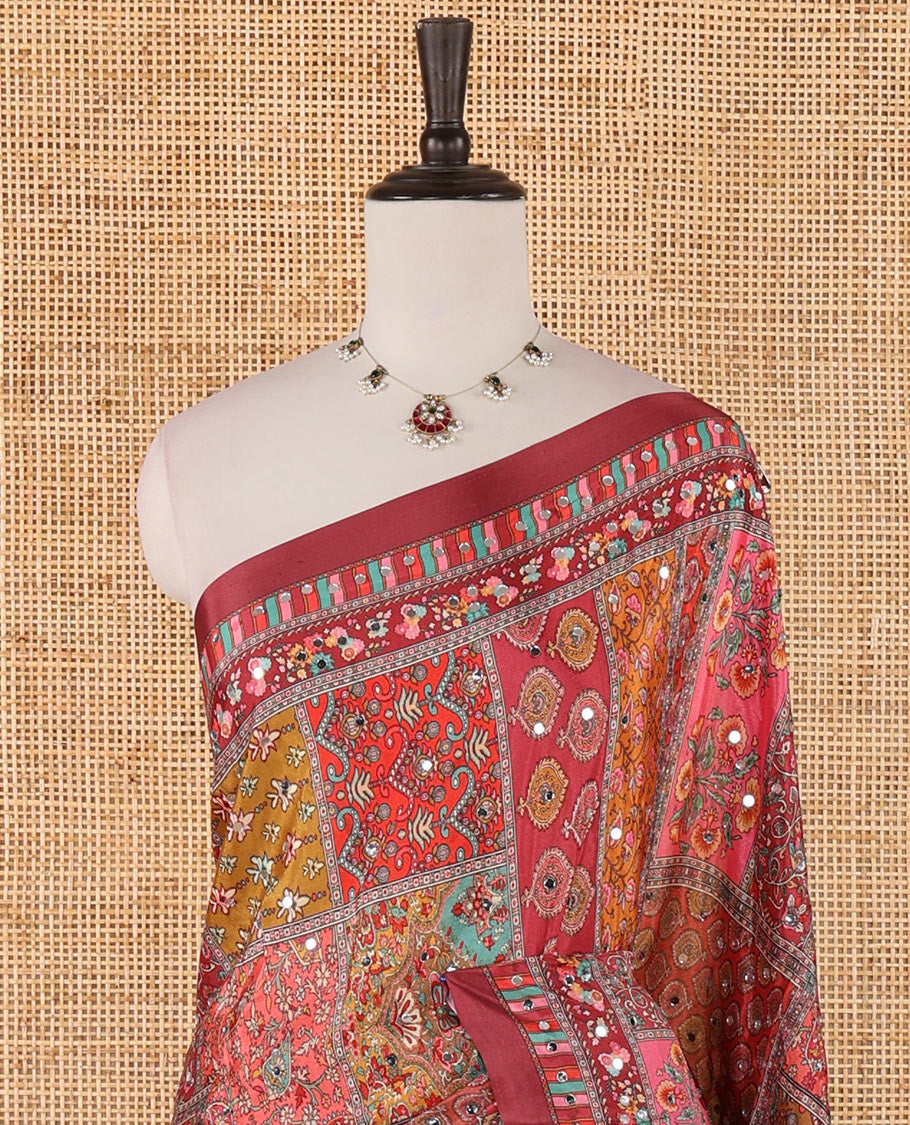 Multi-color geometric printed, mirror work masakali saree with printed, mirror work border & printed pallu along with plain blouse