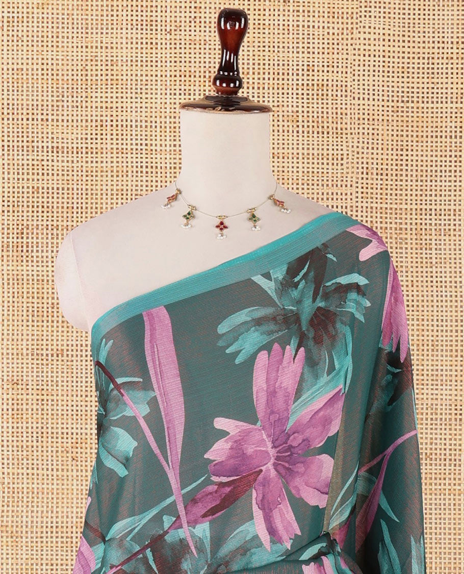 Borderless mehendi green floral digital print brasso saree with self pallu along with printed blouse