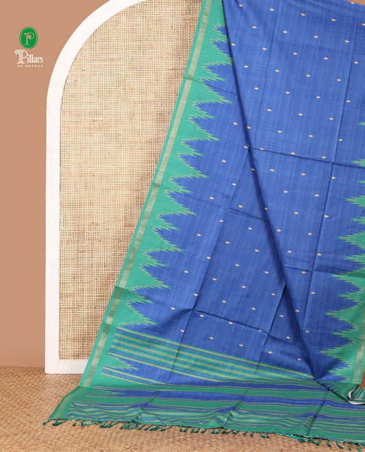 Blue small butta design kathan silk saree with contrast temple border & striped, temple design pallu along with striped blouse