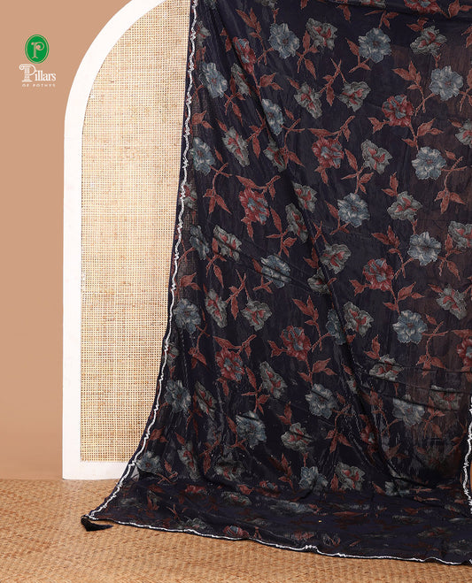 Navy Blue brasso-style floral design luxury georgette saree, Swarovski stonework border & blouse of buttas & Swarovski stonework