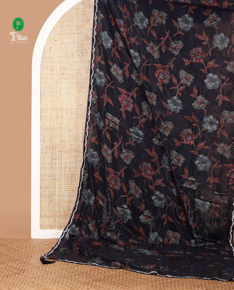 Navy Blue brasso-style floral design luxury georgette saree, Swarovski stonework border & blouse of buttas & Swarovski stonework