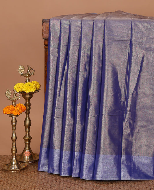 Royal blue plain tissue silk saree, silver zari bavanji border & contrast, gleaming golden color plain blouse