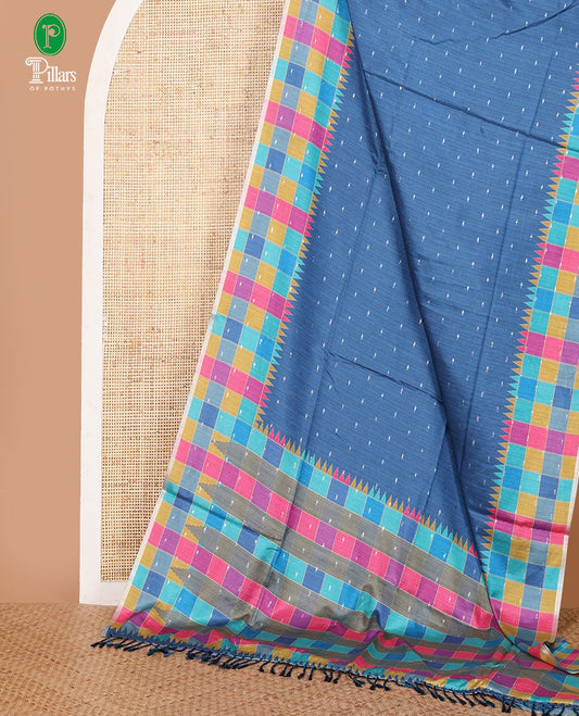 Blue zari buttas Kathan silk saree, contrast border & pallu of multi-color checks & temple design, blouse of multi-color checks & buttas