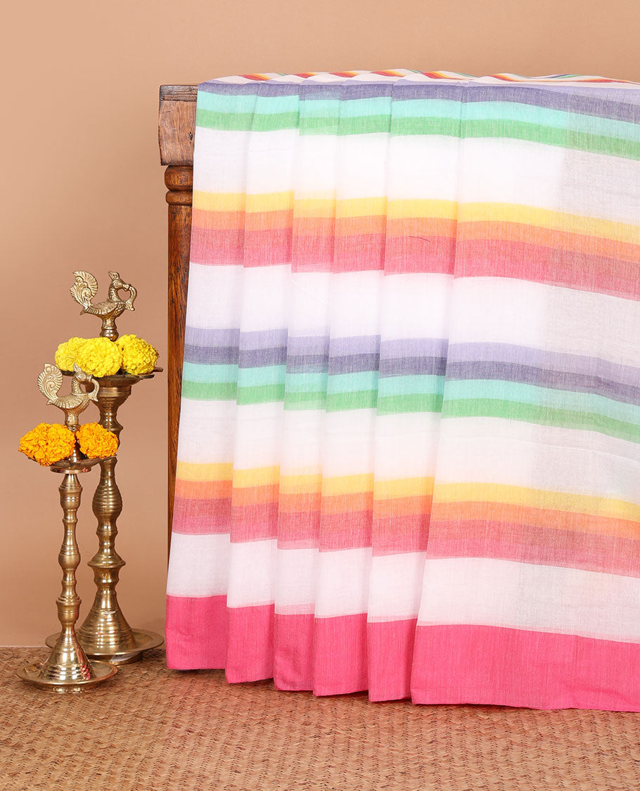 Rainbow-color striped khadi cotton saree, zari border, multi-color tassels pallu & colorful striped blouse