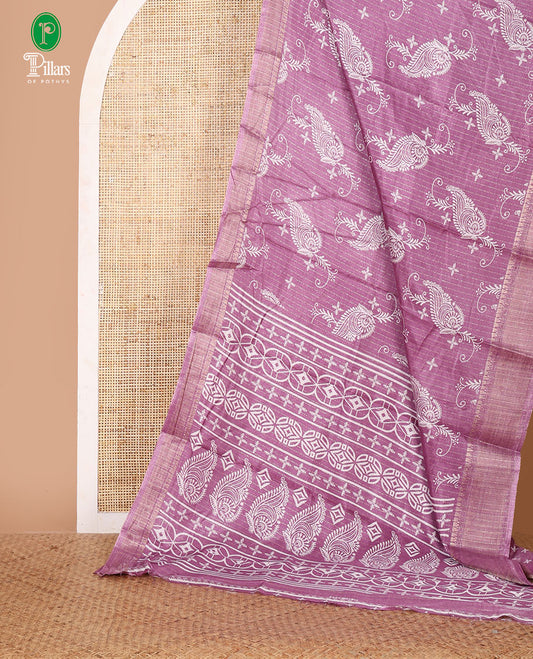 Lavender zari stripes & floral motifs printed dola silk saree, traditional zari border, printed pallu & small butta printed blouse
