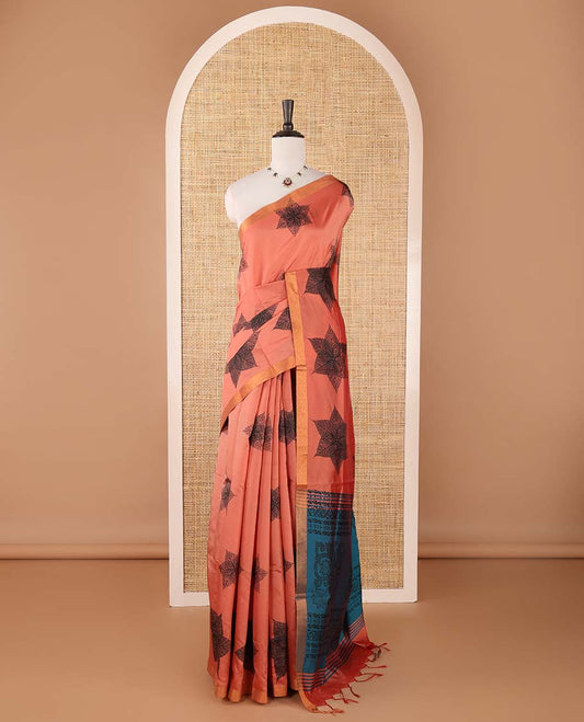 Pink six-petal-like leaf motifs printed micro-silk saree, copper zari border, contrast intricate pallu & plain blue blouse