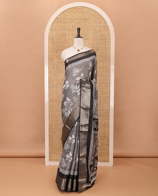 Grey zari striped & floral printed dola silk saree,contrast zari design border,floral-paisley print pallu, printed-zari-work blouse