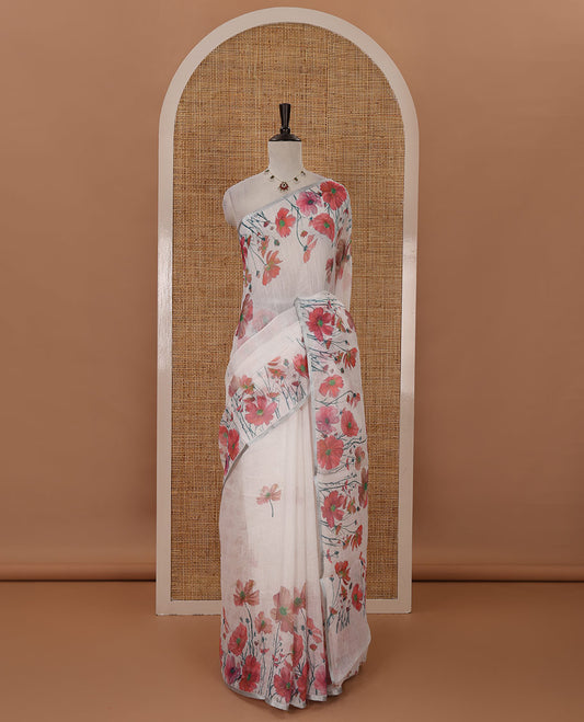 White-base poppy-style pink-color floral motifs printed linen saree, piping zari border, pallu steeped with floral print & floral matching blouse