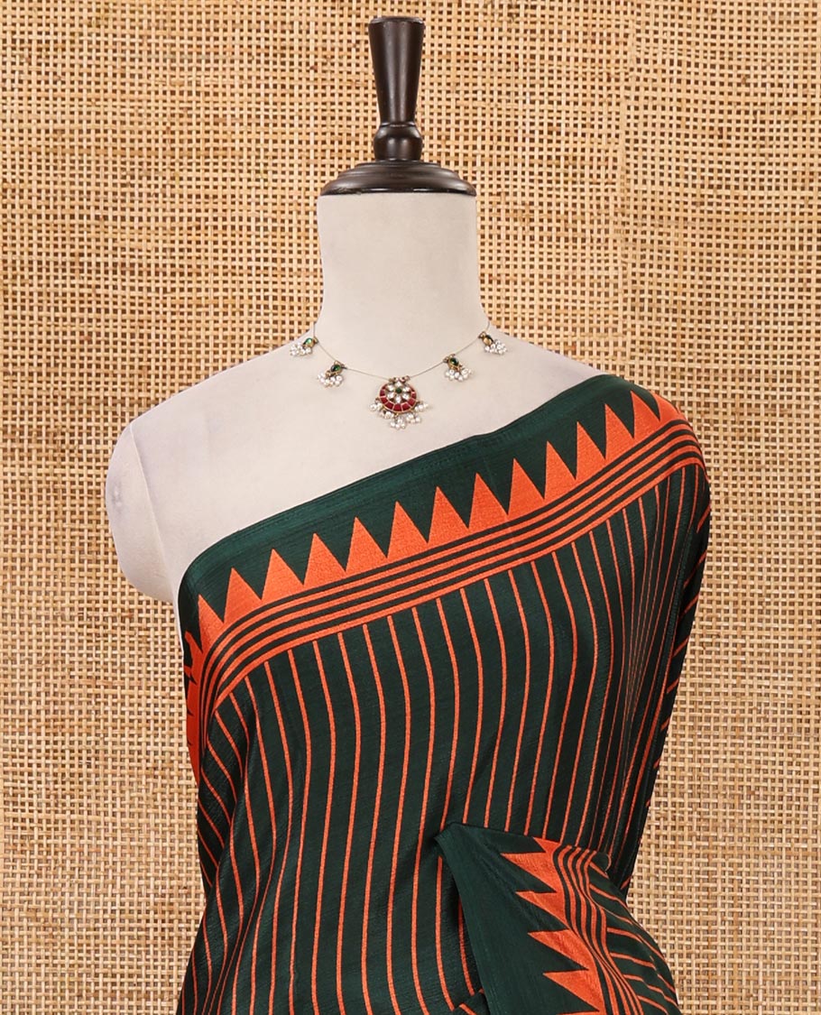 Green vertical stripes printed Turkey crepe saree, temple printed border, geometric printed pallu & Ajrakh-printed blouse