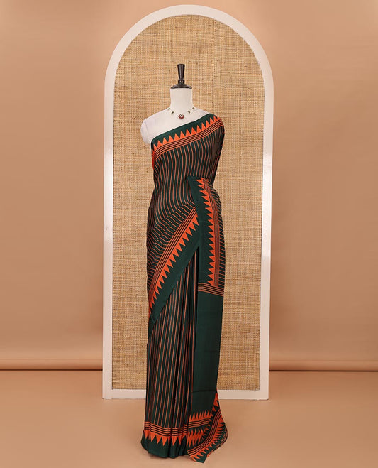 Green vertical stripes printed Turkey crepe saree, temple printed border, geometric printed pallu & Ajrakh-printed blouse