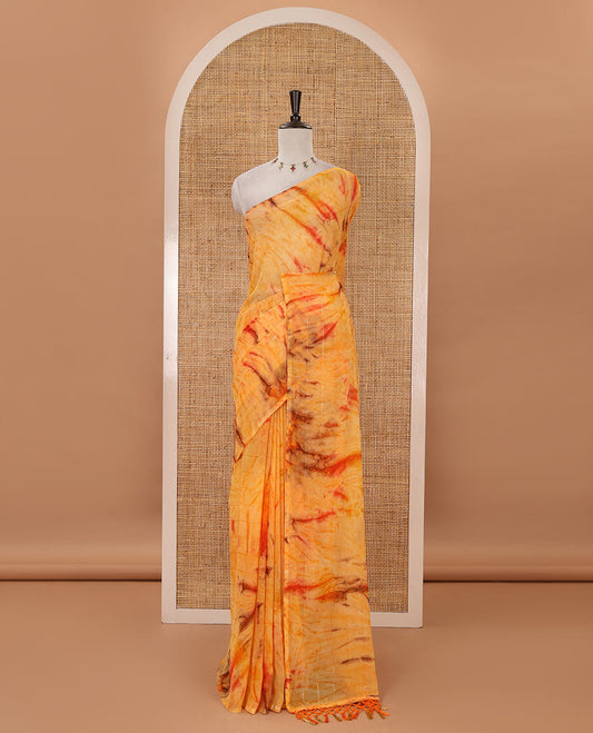 Borderless orange shibori-style printed & sequins work marble chiffon saree, self-pallu with tassels & contrast embroidered blouse