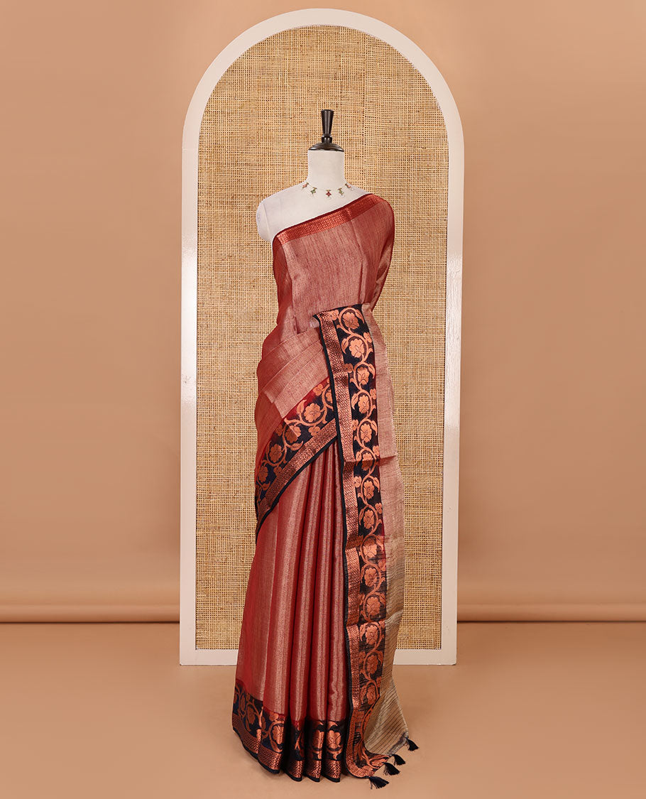 Maroon plain tissue saree, contrast floral creeper & diamond patterned zari border, striped pallu & contrast plain blouse