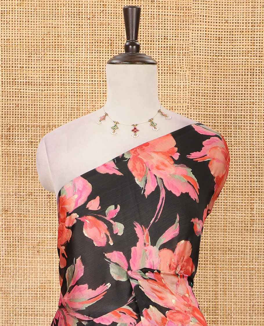 Borderless black-pink color floral printed fendy chiffon saree, contrast plain blouse