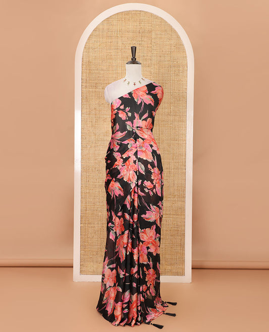 Borderless black-pink color floral printed fendy chiffon saree, contrast plain blouse