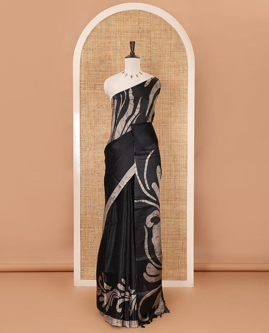 Borderless black batik-style abstract vines printed khadi cotton saree, matching plain blouse