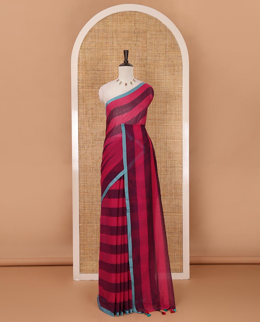 Pink horizontal striped khadi cotton saree, contrast piping border & matching horizontal striped blouse